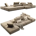 Modern Beige Sectional Sofa With Plush Cushions And Throw Blanket Interior Design 3d model