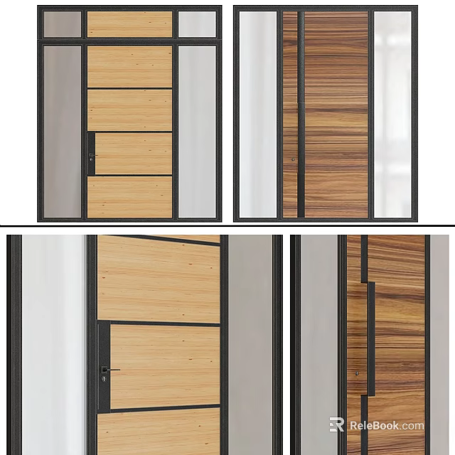 Various Wooden Hinged Door Designs With Glass Insert And Black Frame 3d model 