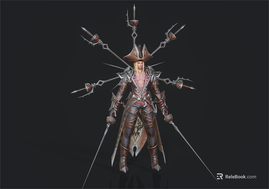 Fantasy Character Wearing Ornate Outfit With Dual Swords And Creature Appendages 3d model 
