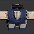 Detailed Blue And White Robot Model With Green Head Standing Pose