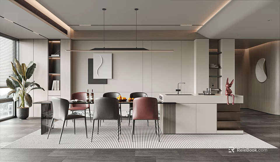 Modern Restaurant Interior With Open Concept Design Dining Table Chairs And Pendant Lights 3d model 