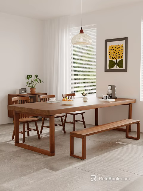 Modern Minimalist Wooden Dining Table Set With Chairs Bench Potted Plant And Coffee Machine 3d model 
