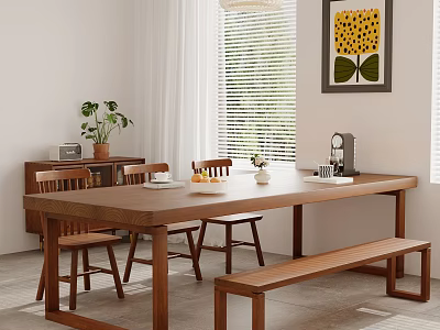 Modern Minimalist Wooden Dining Table Set With Chairs Bench Potted Plant And Coffee Machine 3d model