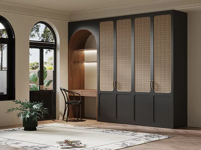 Elegant Indoor Space with Arched Windows Black Rattan Door Cabinet Desk Chair Plant and Rug 3d model