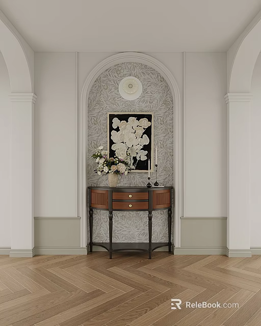 Elegant Modern Entryway Cabinet Sideboard With Wooden Brown Drawers Vase Flowers And Arched Wallpaper Decor 3d model 