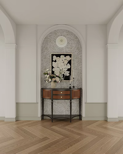 Elegant Modern Entryway Cabinet Sideboard With Wooden Brown Drawers Vase Flowers And Arched Wallpaper Decor 3d model