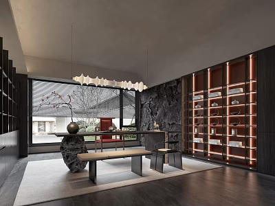Modern Tea Room Interior Design With Large Windows Pendant Lights Stone Decor And Wooden Bookshelves 3d model