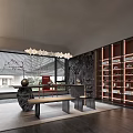 Modern Tea Room Interior Design With Large Windows Pendant Lights Stone Decor And Wooden Bookshelves