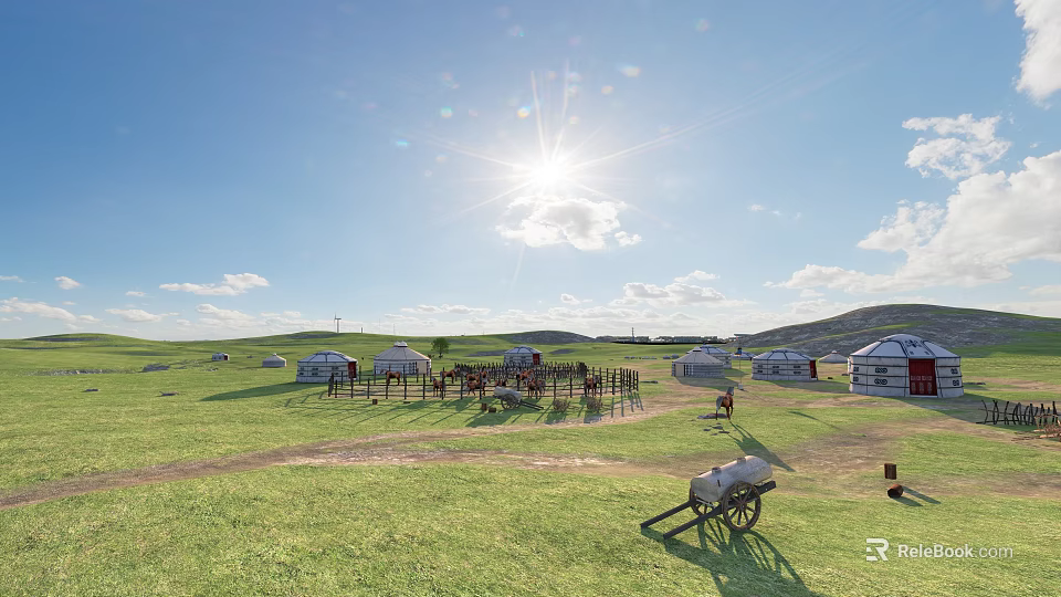 Vast Grassland Scenery with Yurts under Bright Sunlit Blue Sky and Green Grass 3d model 