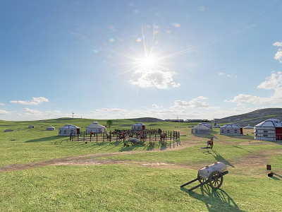 Vast Grassland Scenery with Yurts under Bright Sunlit Blue Sky and Green Grass 3d model