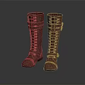 Burgundy Knee High Boots with Lace Up Front and Metal Buckle Details on Black Soles