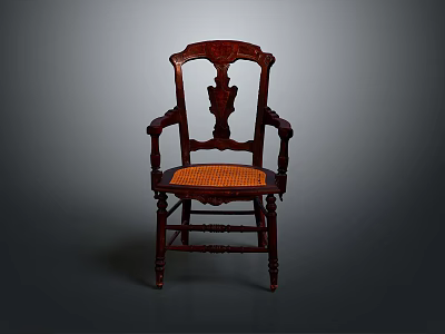 Classic Wooden Armchair With Carved Backrest And Orange Woven Seat Design 3d model