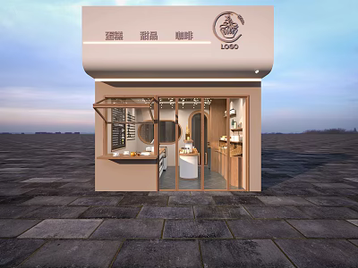 Modern Dessert Shop With Glass Display Window Logo Signboard And Wooden Interior Decor 3d model