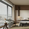 Modern Bedroom Interior With Double Bed Nightstand Table Lamp And Window Blinds