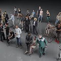 Diverse Group of People in Various Poses and Outfits Standing and Sitting Together