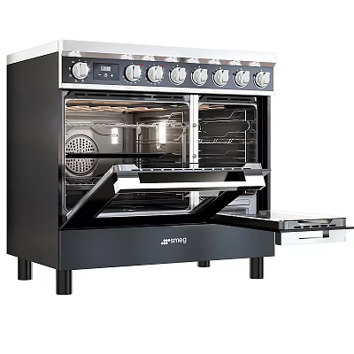 Black Kitchen Double Oven Range Cooker With Open Doors And Control Knobs 3d model