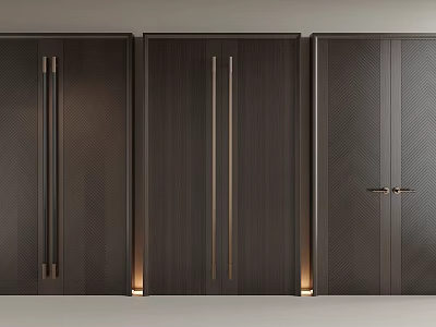 Modern Dark Wood Double Doors With Herringbone Pattern And Gold Handles 3d model