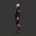 Blonde Haired Game Movie Character With Black Red Outfit Flame Pattern And Golden Accents