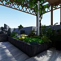 Rooftop Garden Design Featuring Blue Roof Wooden Pergola Greenery And Stone Wall