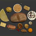 Assorted Delicious Food Items With Bread Cheese Sandwich Bagel Tart And Orange