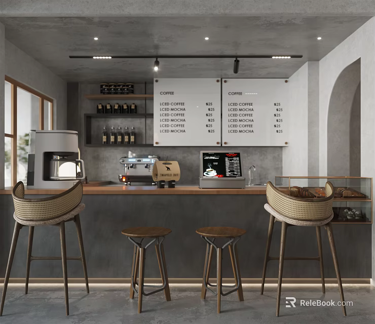 Modern Minimalist Cafe Interior With Counter Coffee Machine Menu Board And Bar Stools 3d model