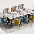 Stylish Dining Table Set With Rectangular Marble Top Colorful Velvet Chairs And Decorative Tableware 3d model