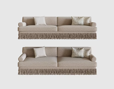 Stylish Beige Sectional Sofa With Fringe Trim And Two Decorative Pillows 3d model