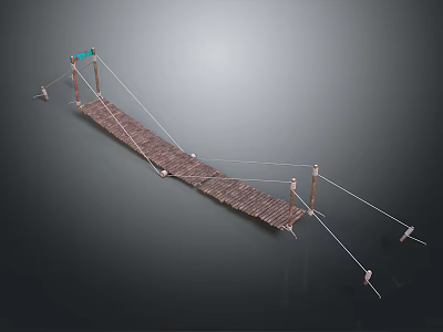 Rustic Bamboo Suspension Bridge With Rope Supports And Wooden Posts 3d model
