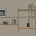 Wall Shelves with Black and White Photo Teapot Hanging Plant and Books