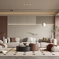 Modern Living Room Interior Design With Beige Sofa Round Coffee Tables Floor Lamp And Plants