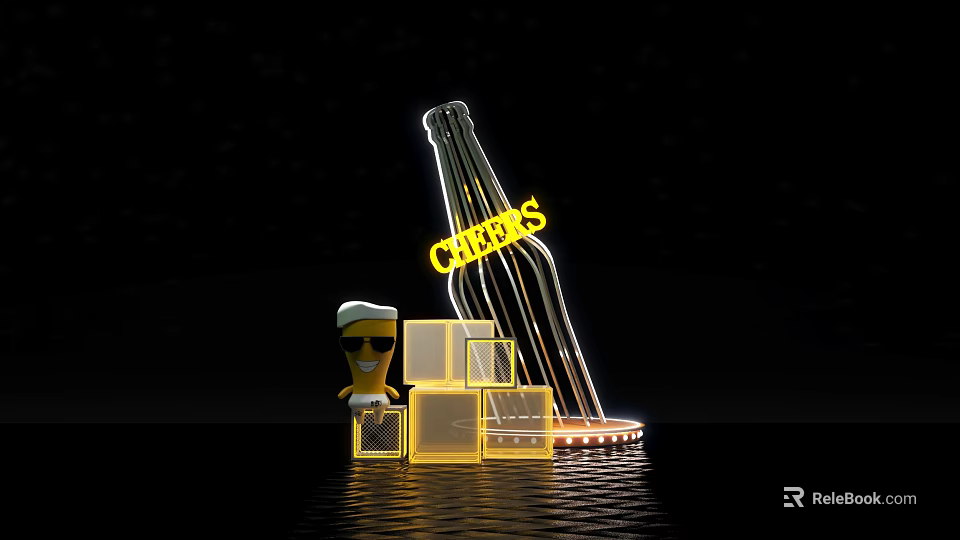 Illuminated Cheers Wine Bottle Display With Cartoon Character Sunglasses Glowing Blocks On Black Background 3d model 