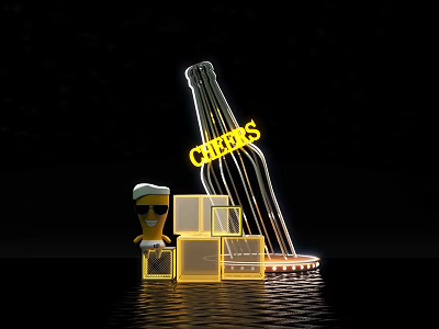 Illuminated Cheers Wine Bottle Display With Cartoon Character Sunglasses Glowing Blocks On Black Background 3d model
