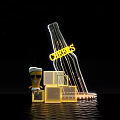 Illuminated Cheers Wine Bottle Display With Cartoon Character Sunglasses Glowing Blocks On Black Background