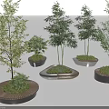 Various Shapes Tree Planters Design With Wooden And Stone Materials And Green Trees