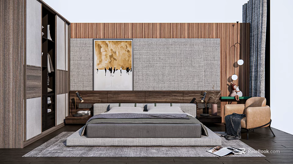 Modern Bedroom Double Bed with Wooden Bedhead Backdrop Gray Mattress and Decorative Art 3d model 