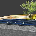 Modern Geometric Feature Wall With Stone Steps Blue Fountains And Green Tree