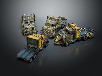Industrial Modified Trucks With Detailed Mechanical Structures And Yellow Accents 3d model