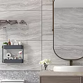 Modern Bathroom Design With Marble Walls Glass Shower Round Mirror Wooden Vanity and Storage Shelves