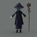 3D Model Witch Character With Blue Hair Pointed Hat Dark Robe And Twisted Staff