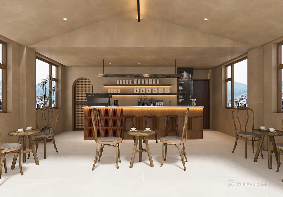 Cozy Coffee Shop Interior With Wooden Bar Tables Large Windows And Natural Light 3d model 