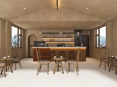 Cozy Coffee Shop Interior With Wooden Bar Tables Large Windows And Natural Light 3d model