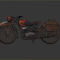 Vintage Motorcycle with Orange Black Flame Decals and Brown Leather Side Bags Displaying Classic Design