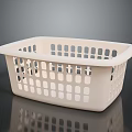 Beige Plastic Square Laundry Basket With Perforated Holes And Reflective Surface On Gray Background