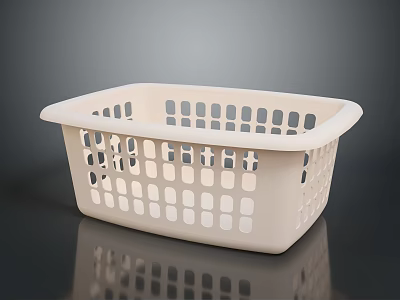 Beige Plastic Square Laundry Basket With Perforated Holes And Reflective Surface On Gray Background 3d model