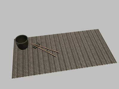 Dark Square Rug With Grid Pattern On Light Background Featuring Small Bowl And Chopsticks 3d model
