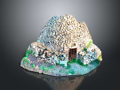 Traditional Stone Dome Building with Circular Structure and Wooden Entrance Surrounded by Green Grass 3d model