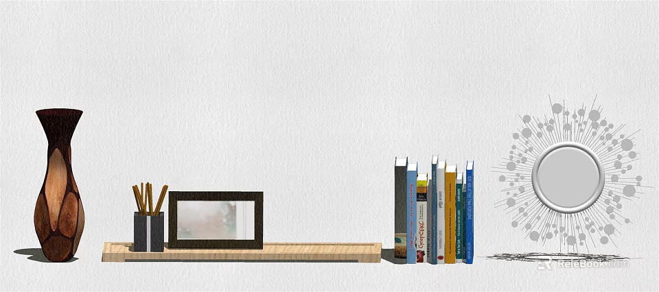 Decorative Ornament Set With Wooden Shelf Photo Frame Pen Holder And Books 3d model 