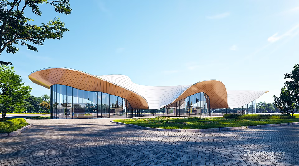 Modern Sales Office Building With Curved Roof Glass Curtain Walls And Green Lawn 3d model 