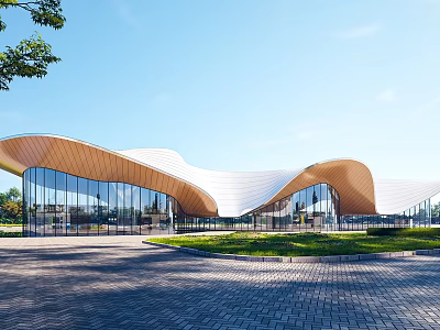 Modern Sales Office Building With Curved Roof Glass Curtain Walls And Green Lawn 3d model