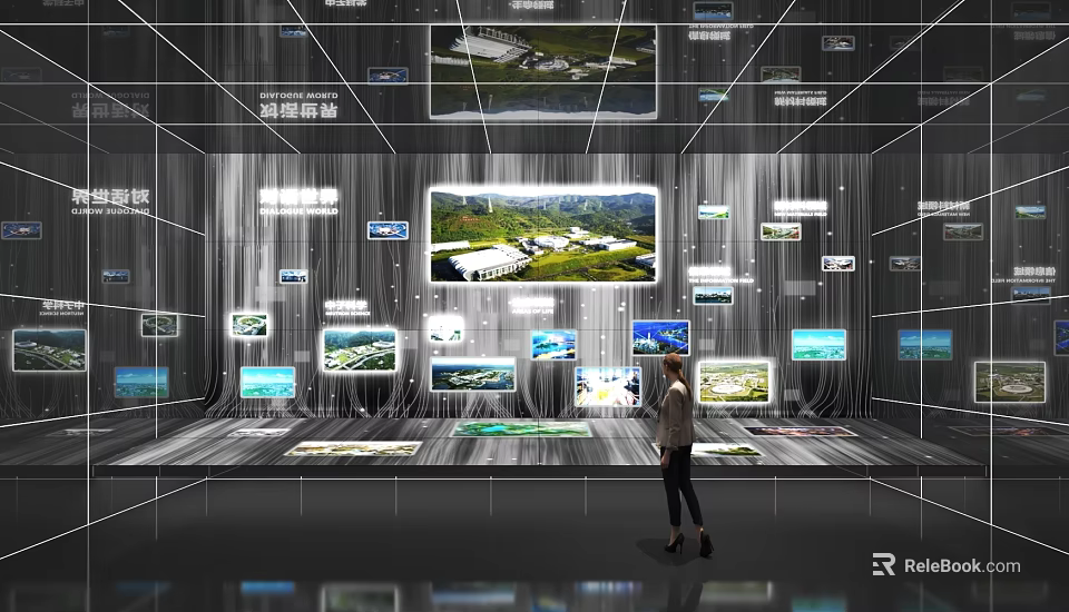 Modern Exhibition Space With Multiple Digital Displays Showing Landscape Images And Visitor Viewing 3d model 